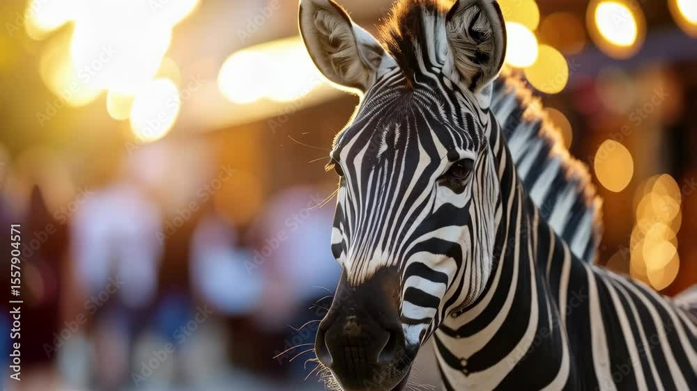 Striking zebra portrait in warm light with blurred background and striking black and white pattern