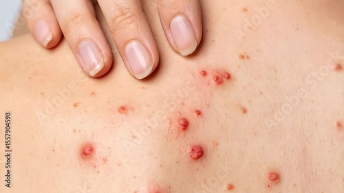 Adult female back and shoulder displaying multiple skin lesions with a hand close by, skin infections, medical research visuals