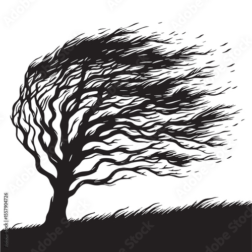 Black Tree in wind  Silhouette Vector, High Quality Illustration on White Background