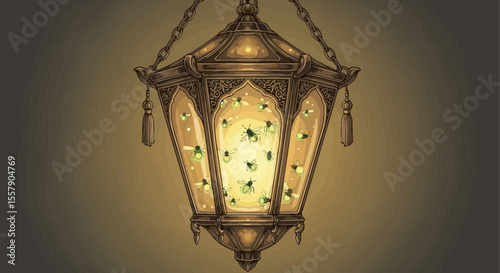Vintage lantern with fireflies glowing inside hanging from chain light illustration art design decor drawing father's day