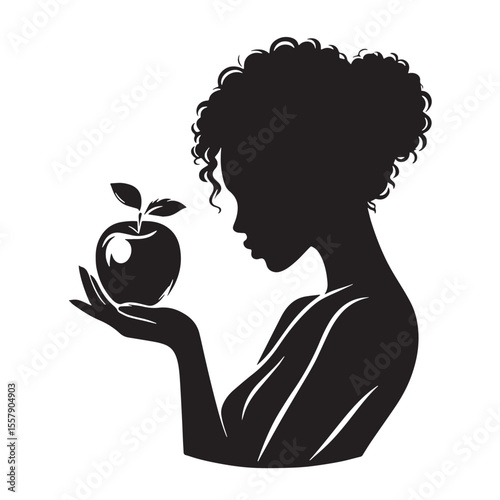 Black Woman holding apple Silhouette Vector, High Quality Illustration on White Background