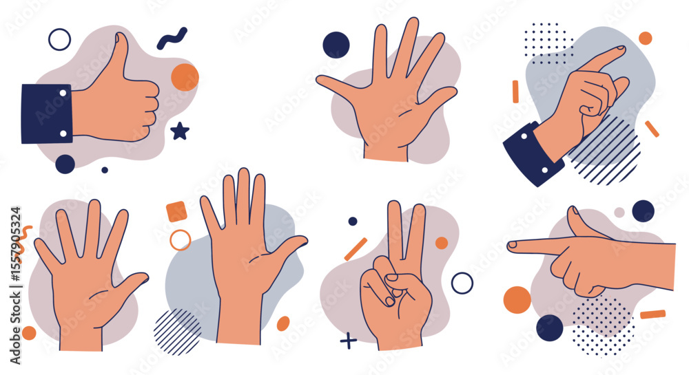 Fototapeta premium Collection of Hand Gestures Illustrations Thumbs Up, Counting, Pointing
