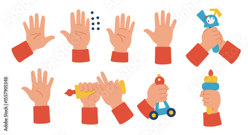 Colorful Illustration of Children's Hands Playing with Toys A Set of Vector Graphics