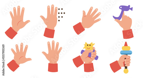 Adorable Cartoon Hands Holding Various Toys and Objects Illustration Set