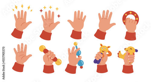 Colorful Illustration of Child's Hands Playing with Toys