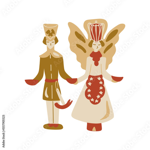Christmas Miner and Angel Candlestick Holder. Traditional German Wooden Home Decor. Vintage Cartoon Colorful Cute Hand Drawn Doodle Element. Xmas Cozy Aesthetic Vibes. Vector Illustration Isolated