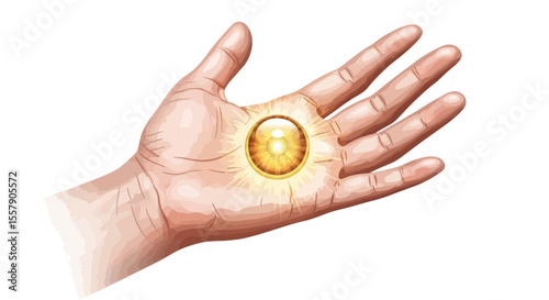 Hand holding golden orb illustration for magical item concept and fantasy game asset design with power effect father's day