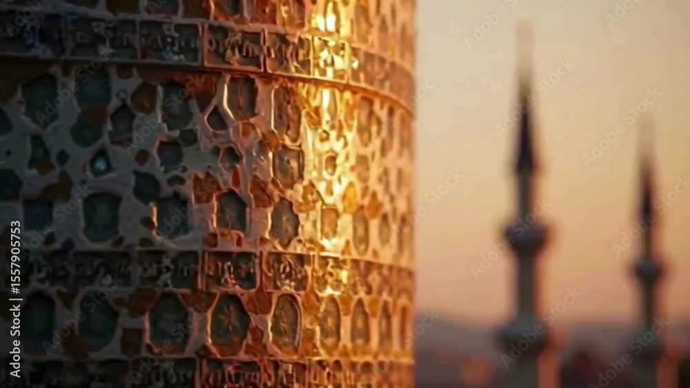 Golden hour bathes an Islamic architectural structure, with minarets adding an atmosphere of serenity, revealing details in Islamic architecture and culture.