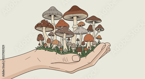 Hand holding mushrooms illustration, mushroom identification guide and fungi art print for nature lovers father's day