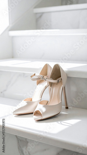 Elegant peeptoe heels on a white marble staircase, bathed in soft light. Symbolizes style, sophistication, and new beginnings. Ideal for fashion, bridal, or lifestyle projects.