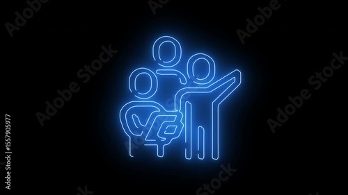 Glowing neon icon of family care with heart and child symbol