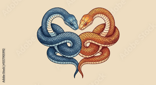 Entwined snakes illustration of blue and orange serpent reptiles in love tattoo design concept art father's day