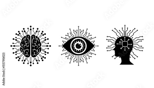 Ai brain, eye and human surrounded by digital particles.  Symbol of AI vision, face recognition, surveillance, and neural analysis.