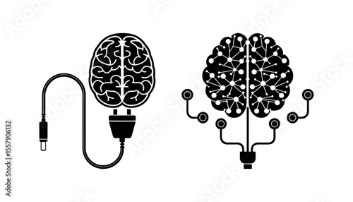 Two icons of human brains connected to artificial intelligence systems. Symbol of mind–AI interface, machine learning, and neural technology.