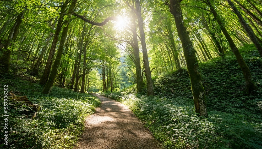 Obraz premium sun dappled path through lush green forest