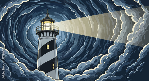 Lighthouse beacon shining through stormy clouds seascape illustration nautical coast safety maritime scene art design father's day