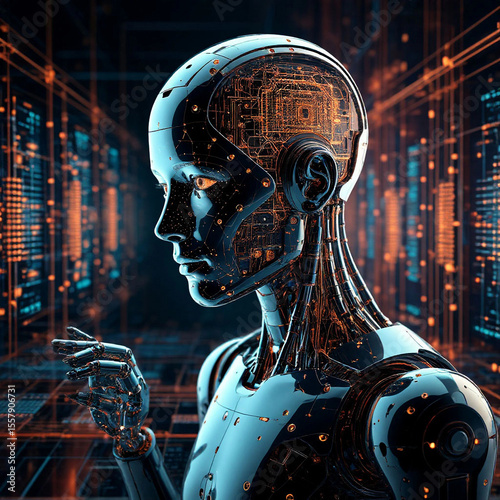 Concept of artificial intelligence, Digital illustration, blue face of the main character, the personification of quantum AI, Shining threads of neural connections, monitors, perspective, cyberpunk.