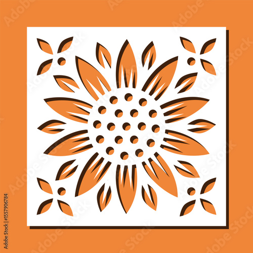 Vector decorative panel stencil with sunflower. Floral template for home interior decor, wall art, room privacy screen divider, fence, papercut art. Template for laser, cnc, plasma and plotter cutting