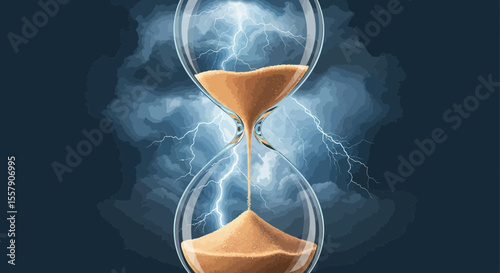 Hourglass time management with lightning storm background concept for deadline and urgency illustration father's day