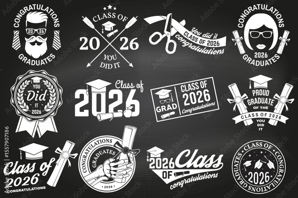 Fototapeta premium Set of Vector Class of 2026 badges on the chalkboard. Vector illustration. Concept for shirt, print, seal, overlay or stamp, greeting, invitation card. Typography design. For class of 2026 graduation.