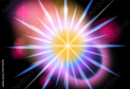 Vivid vector illustration of a glowing burst with spiked rays, in modern digital and neon style. Features yellow, blue, pink, purple colors with soft circles and bright star shapes.