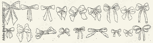 Ribbon bow set. Cute line hand drawing holiday gift elements. Coquette outline whimsical tied bows collection in vintage style. Cartoon drawn vector illustration isolated on pastel background