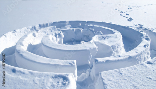 Intricate snow maze on a sunny day.  The minimalist, geometric structure evokes themes of challenge, winter fun, and icy landscapes. Great for conceptual designs.