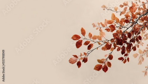 Delicate branch with russet autumn leaves against a muted beige backdrop, creating a serene, minimalist image