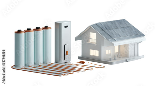 Solar energy system components showcasing a house, batteries, and inverter, white isolated background.