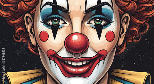 Close up portrait of a scary clown with red nose and crazy makeup for halloween party costume idea father's day