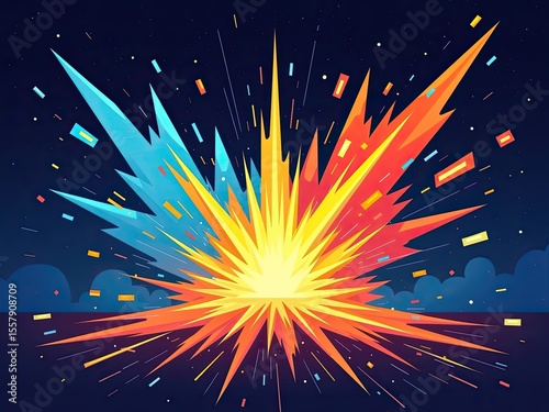 Dynamic explosion of color and confetti against a dark background.