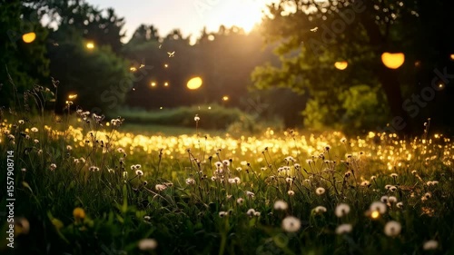 Dreamy meadow glows at sunset, featuring wildflowers, tall green grass, and swarms of magical glowing fireflies in the serene environment