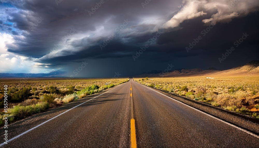 Naklejka premium driving towards the storm a journey on an open road