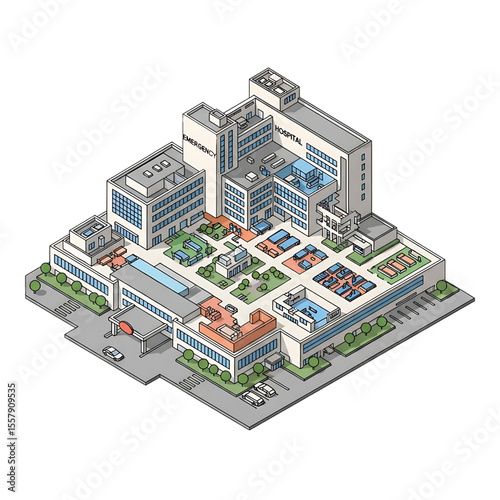 A large hospital building complex viewed from above.
