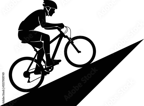 Cyclist on a mountain bike riding up a gentle slope, silhouette style, no background