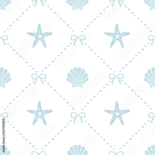 Vector seamless pattern of blue vintage bows and seashells, hand drawn background illustration.