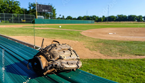Leather glove rests on dugout bench, a nostalgic scene of the baseball field. Captures sports spirit, waiting for the game to start. Perfect for recreation themes.