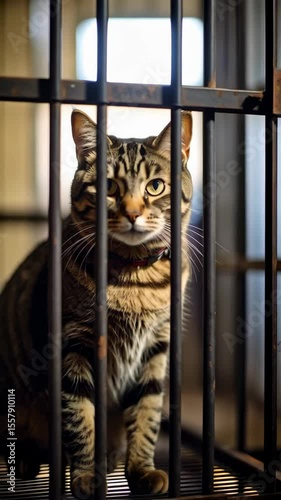 A tabby cat with yellow eyes is looking out from behind the bars of a metal cage in an indoor setting.