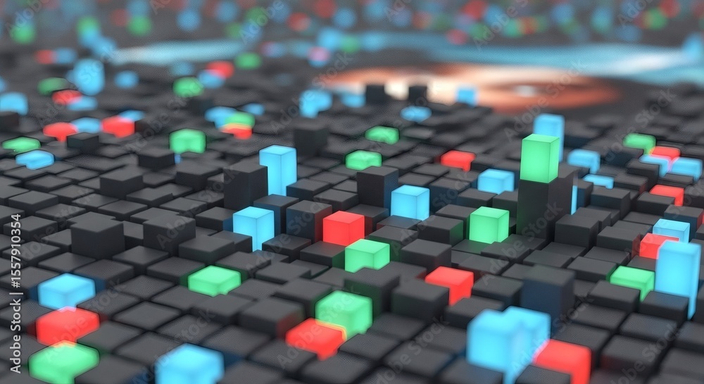 Obraz premium Dynamic Abstract Digital Grid with Illuminated Cubes Visualizing Data and Technology Concepts in a Futuristic Landscape