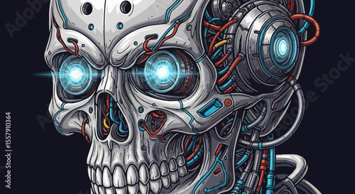 Futuristic cyborg skull with glowing eyes digital art illustration for science fiction and fantasy fans father's day