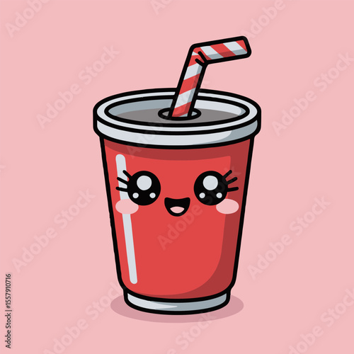 Cartoon soda cup with a straw and a cute face on a pink background in a simple vector illustration
