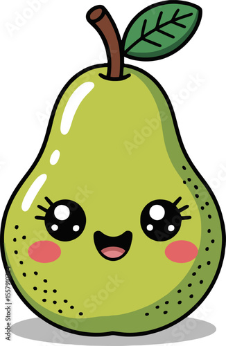 Illustration of a cartoon pear with a cute face and a leaf on a white background image style
