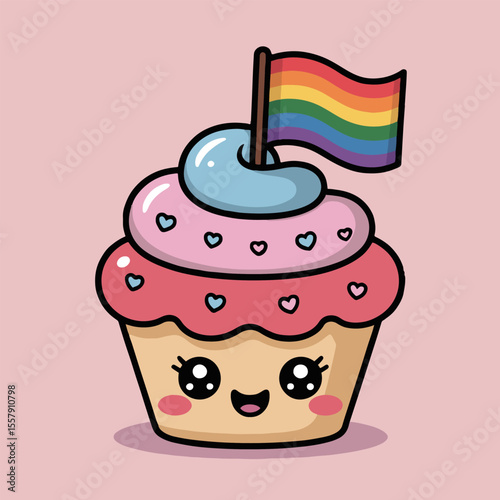 Cartoon cupcake with rainbow flag topping and cute smiling face on a light pink background color