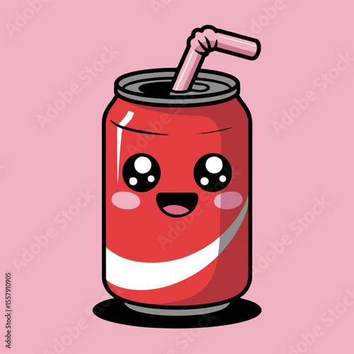 Cartoon illustration of a red soda can with a straw and a cute face on a pink background