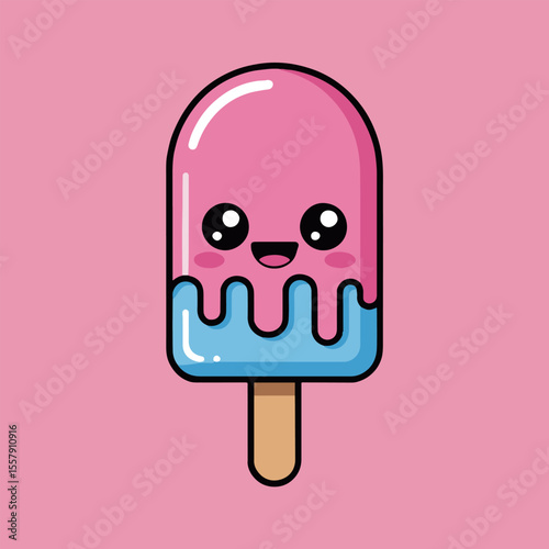 A cartoon ice cream popsicle with a happy face on a pink background in a vector illustration