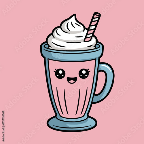 Cartoon illustration of a pink milkshake with whipped cream and a straw on a pink background