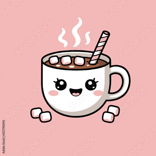 A cute cartoon mug of hot chocolate with marshmallows and a straw on a pink background illustration