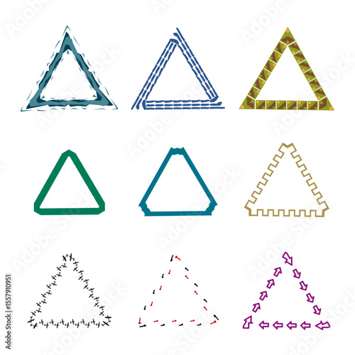 Bright triangle designs. Abstract patterned frames. Mixed textures and elements. Decorative geometric styles.
