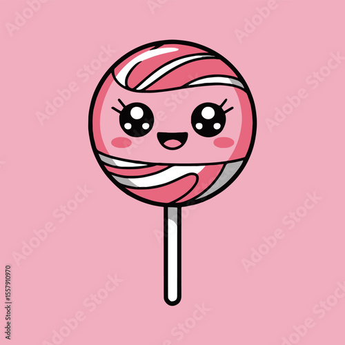 A cute pink and white lollipop character with big eyes and a smile on a solid pink background image