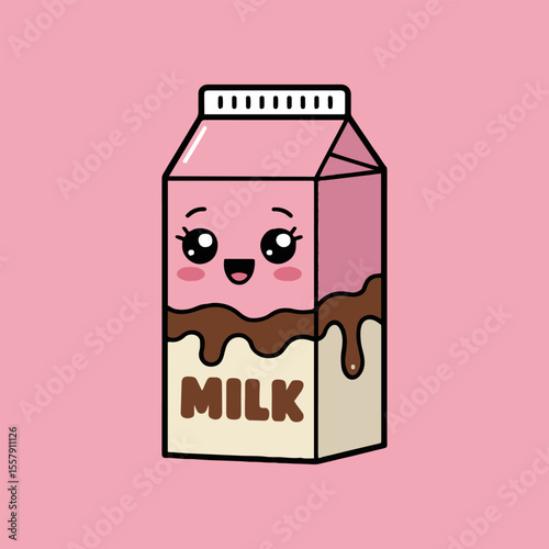 A cartoon illustration of a pink chocolate milk carton with a cute face on a pink background color